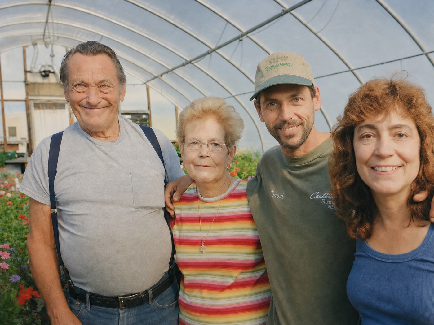 The Cretinon family in the greenhouse at Cretinon's Farmstand